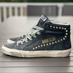 Golden Goose Black Leather “Slide” High-tops with Studs. Size 37.